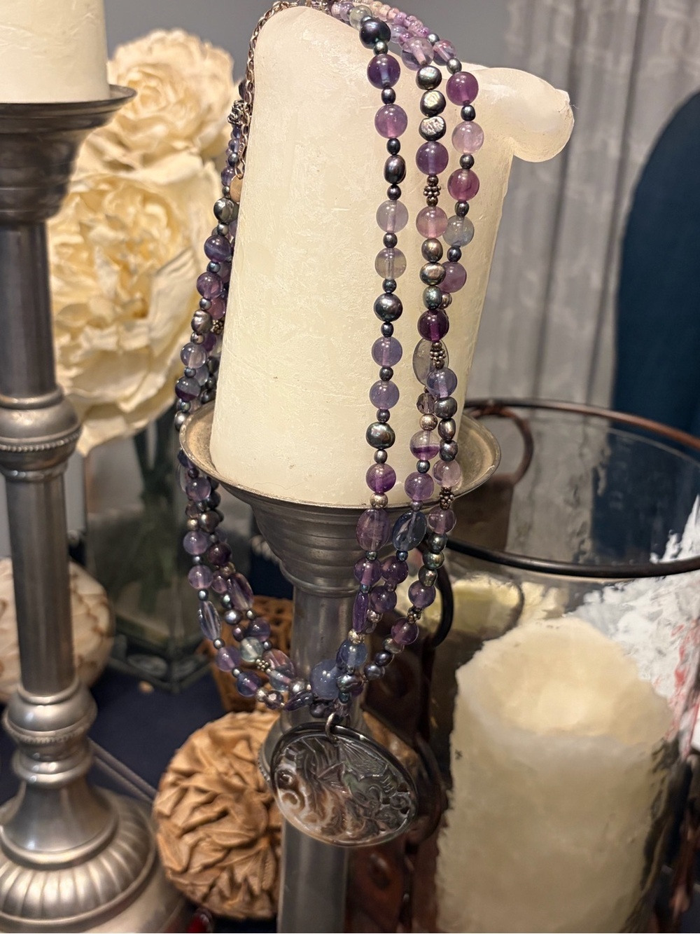 Multi-Strand Amethyst, Fluorite Statement Necklace Sterling Silver